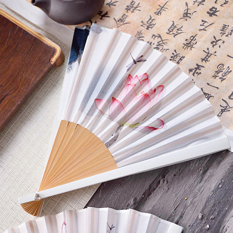 23.3cm Chinese Folding Fan Lotus Ink Painting with Bamboo Frame