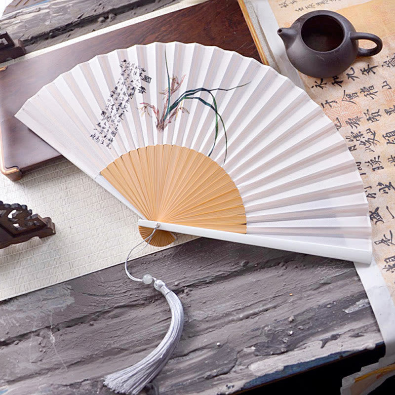 23.3cm Chinese Folding Fan Lotus Ink Painting with Bamboo Frame