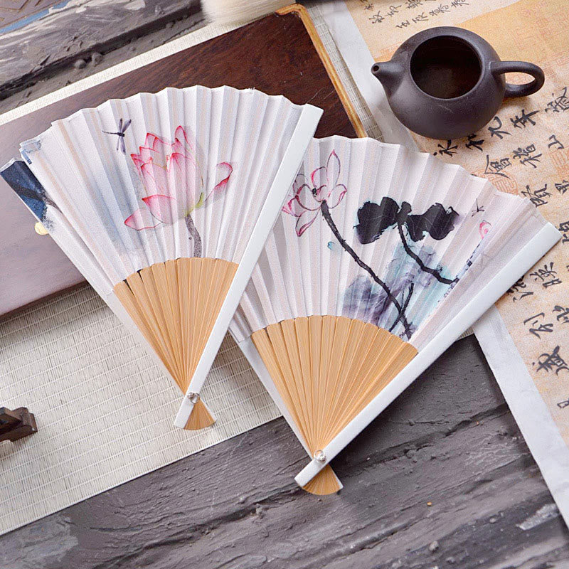 23.3cm Chinese Folding Fan Lotus Ink Painting with Bamboo Frame