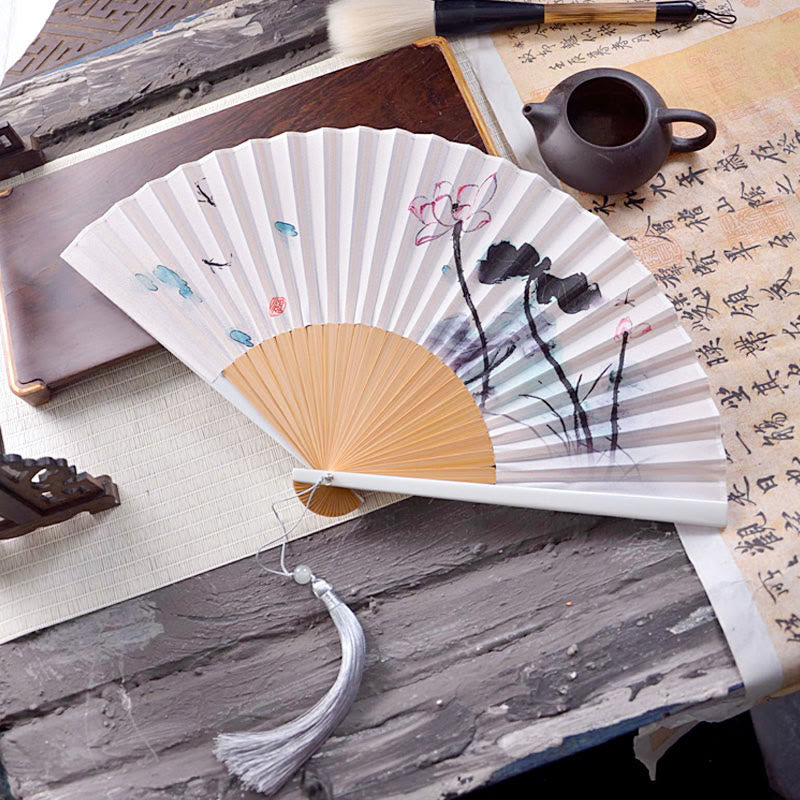 23.3cm Chinese Folding Fan Lotus Ink Painting with Bamboo Frame