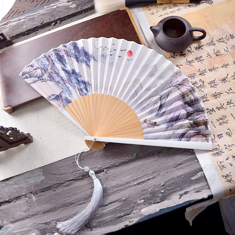 23.3cm Chinese Folding Fan Lotus Ink Painting with Bamboo Frame