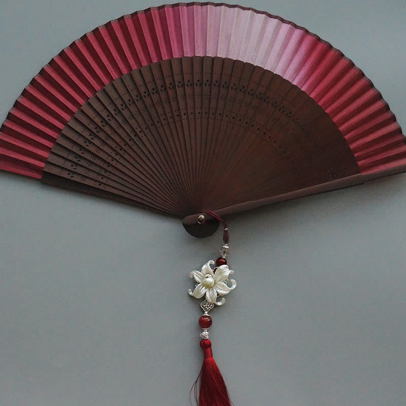 Red Lily Silk Bamboo Chinese Folding Fan 22cm