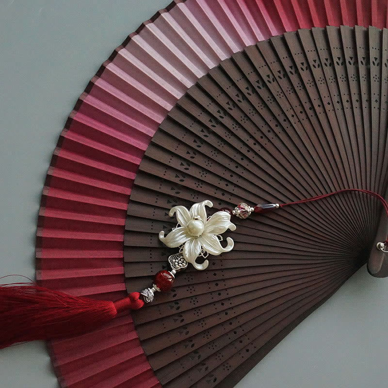Red Lily Silk Bamboo Chinese Folding Fan 22cm