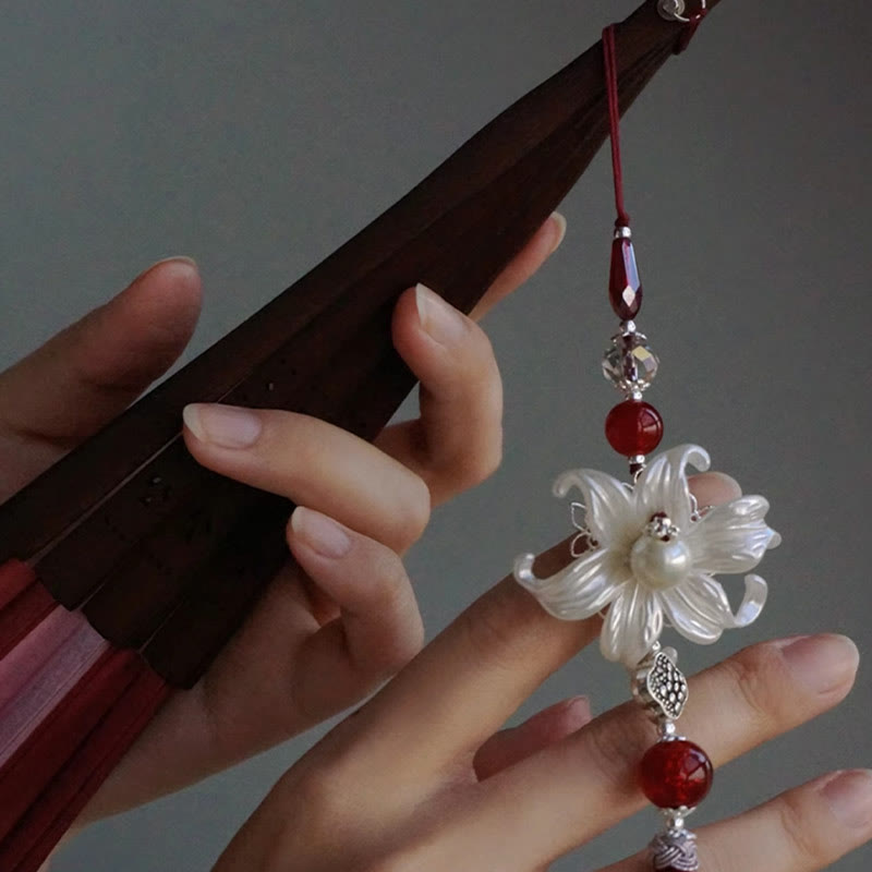 Red Lily Silk Bamboo Chinese Folding Fan 22cm