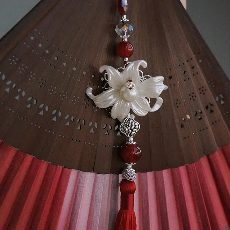 Red Lily Silk Bamboo Chinese Folding Fan 22cm
