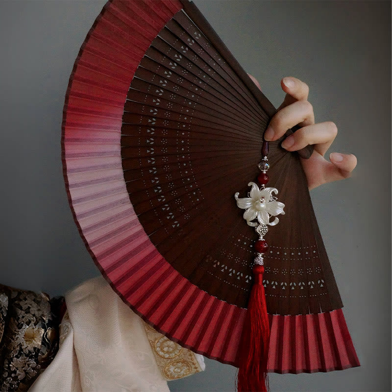 Red Lily Silk Bamboo Chinese Folding Fan 22cm