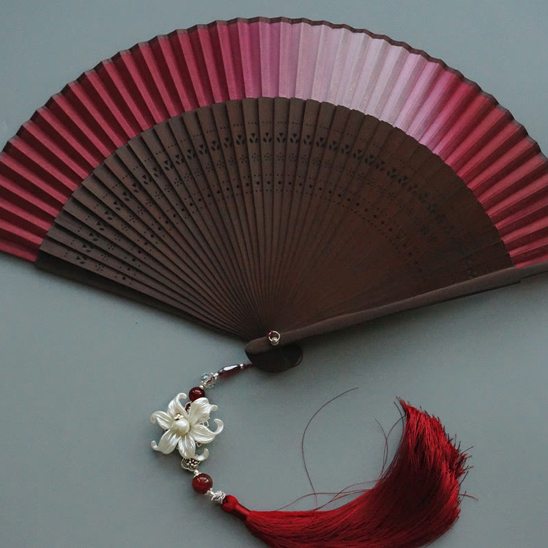 Red Lily Silk Bamboo Chinese Folding Fan 22cm