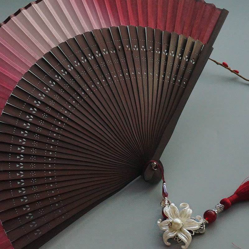 Red Lily Silk Bamboo Chinese Folding Fan 22cm