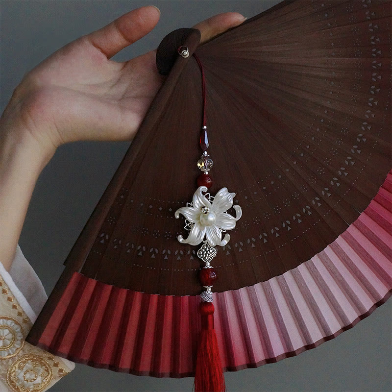 Red Lily Silk Bamboo Chinese Folding Fan 22cm