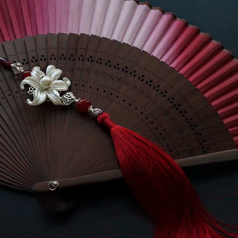 Red Lily Silk Bamboo Chinese Folding Fan 22cm
