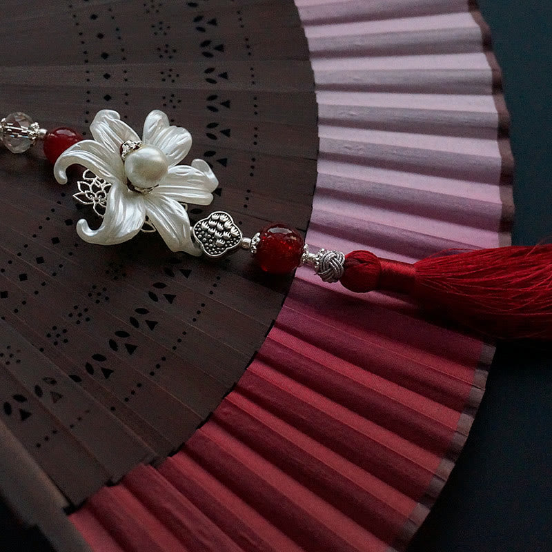 Red Lily Silk Bamboo Chinese Folding Fan 22cm