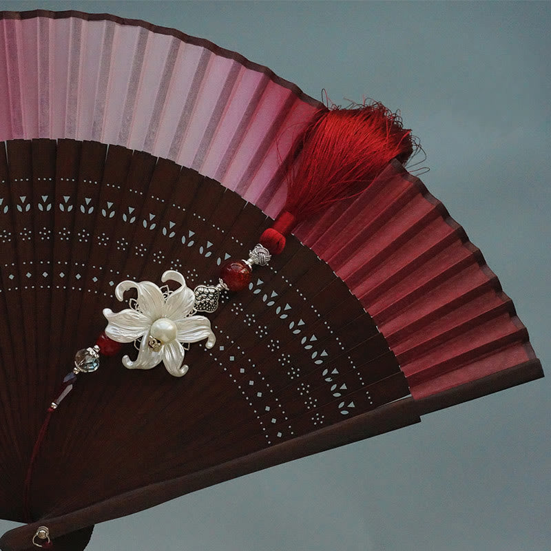 Red Lily Silk Bamboo Chinese Folding Fan 22cm