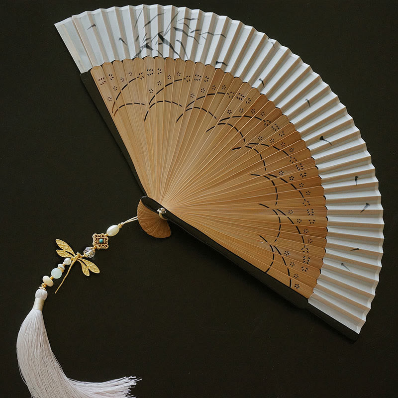 22cm Dragonfly Bamboo Hand Fan with Tassel and Boxwood Design
