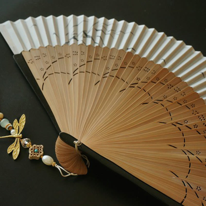 22cm Dragonfly Bamboo Hand Fan with Tassel and Boxwood Design