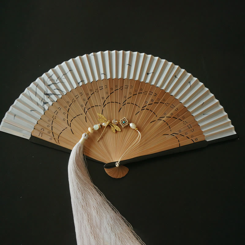 22cm Dragonfly Bamboo Hand Fan with Tassel and Boxwood Design