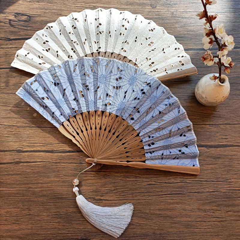 21cm Solid Color Hollow Flower Bamboo Hand Fan Cotton