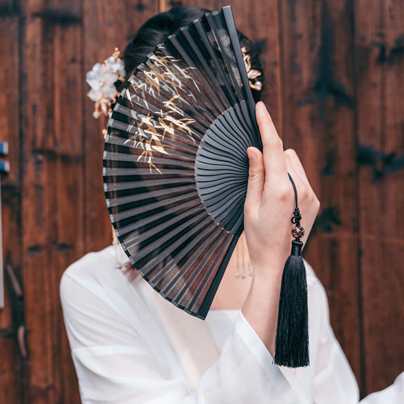 21cm Black Bamboo Leaf Chinese Folding Silk Fan