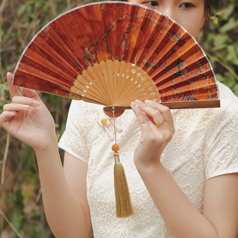 21cm Chinese Folding Fan with Xiangyunsha Silk and Bamboo