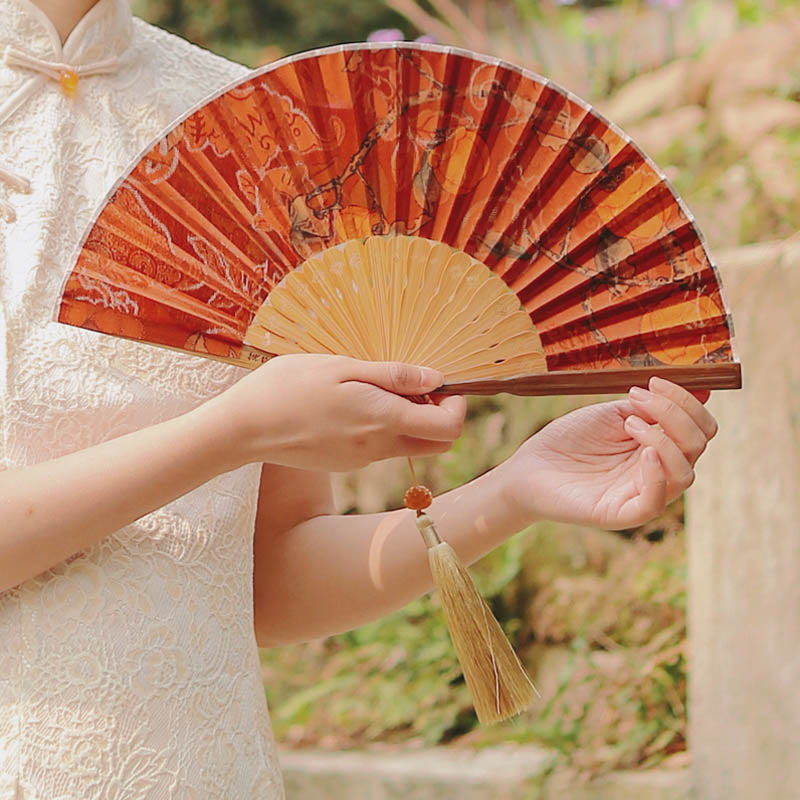 21cm Chinese Folding Fan with Xiangyunsha Silk and Bamboo
