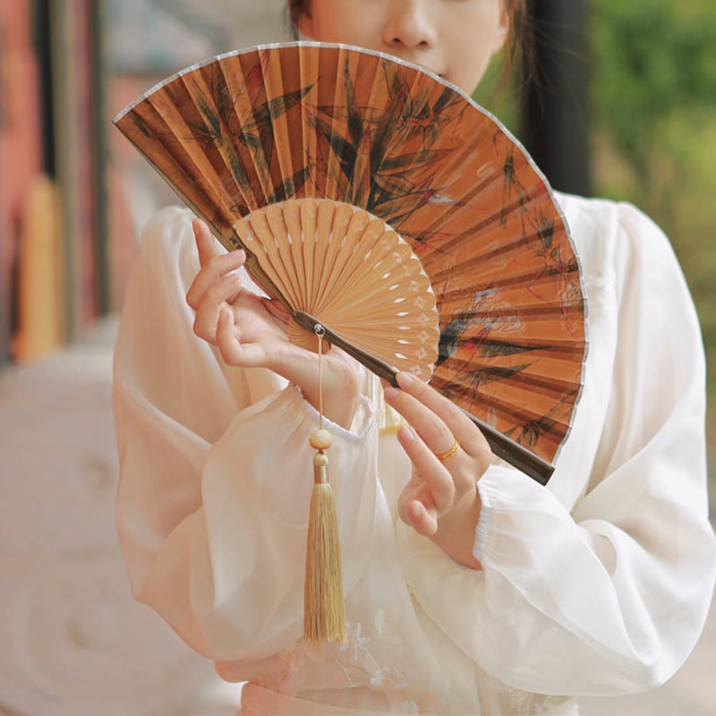 21cm Chinese Folding Fan with Xiangyunsha Silk and Bamboo