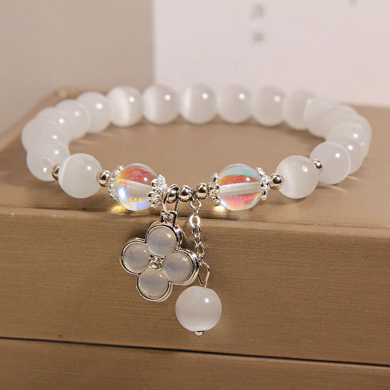 Lucky Cat's Eye Crystal Bracelet with Four Leaf Clover Charm
