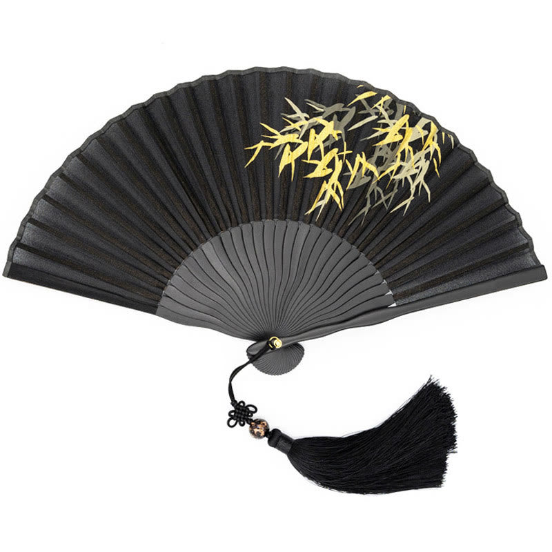 21cm Black Bamboo Leaf Chinese Folding Silk Fan