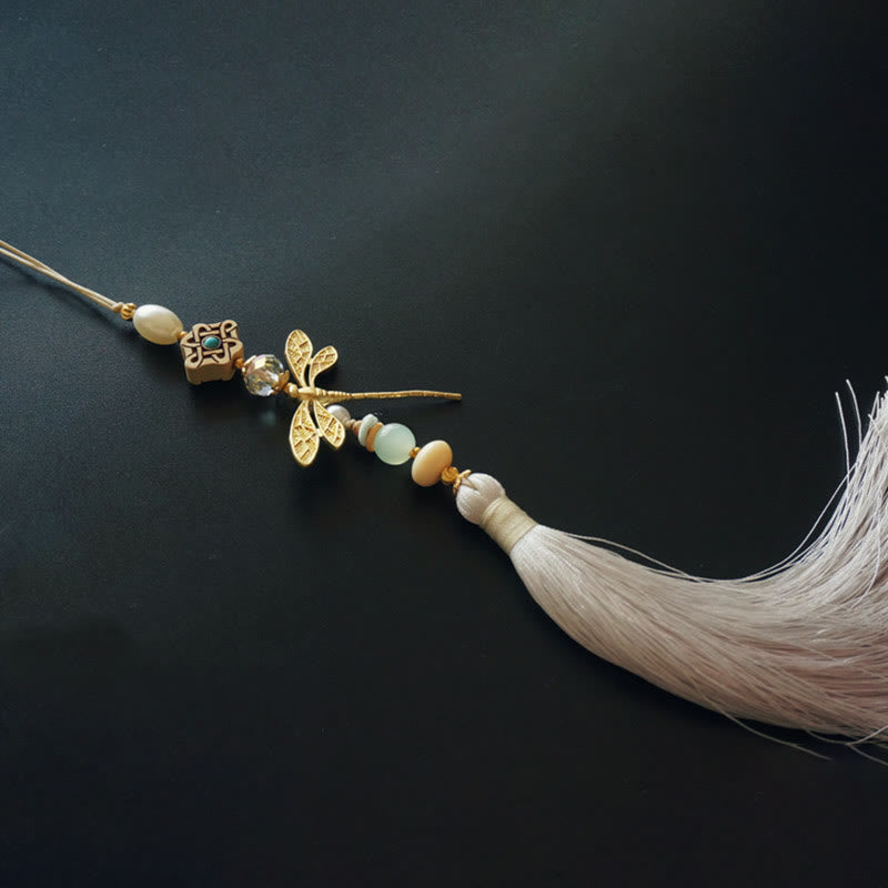 22cm Dragonfly Bamboo Hand Fan with Tassel and Boxwood Design