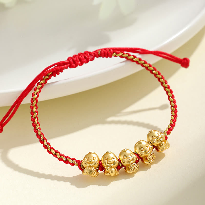 999 Sterling Silver Golden Snake Red String Bracelet for Protection