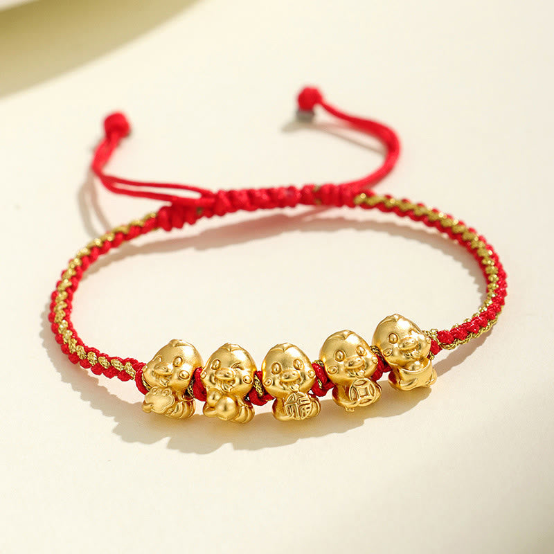 999 Sterling Silver Golden Snake Red String Bracelet for Protection