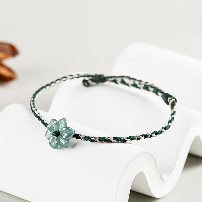 Green Jade Orchid Prosperity Bracelet with Braided String