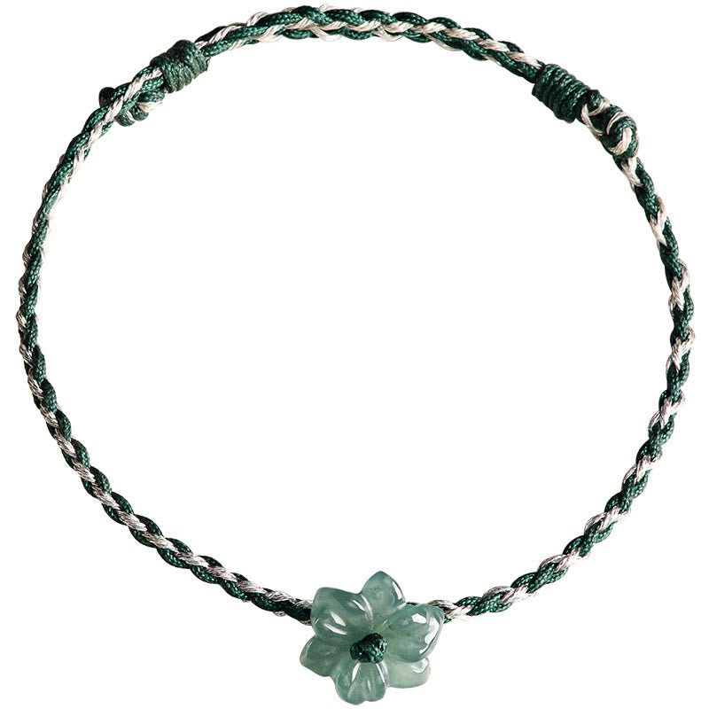 Green Jade Orchid Prosperity Bracelet with Braided String