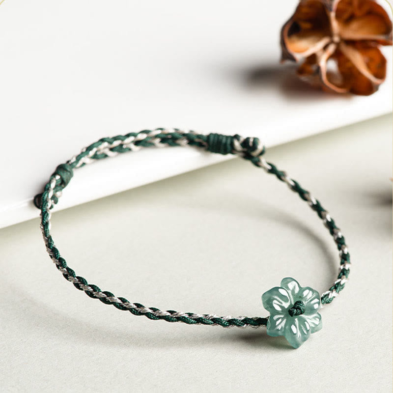 Green Jade Orchid Prosperity Bracelet with Braided String