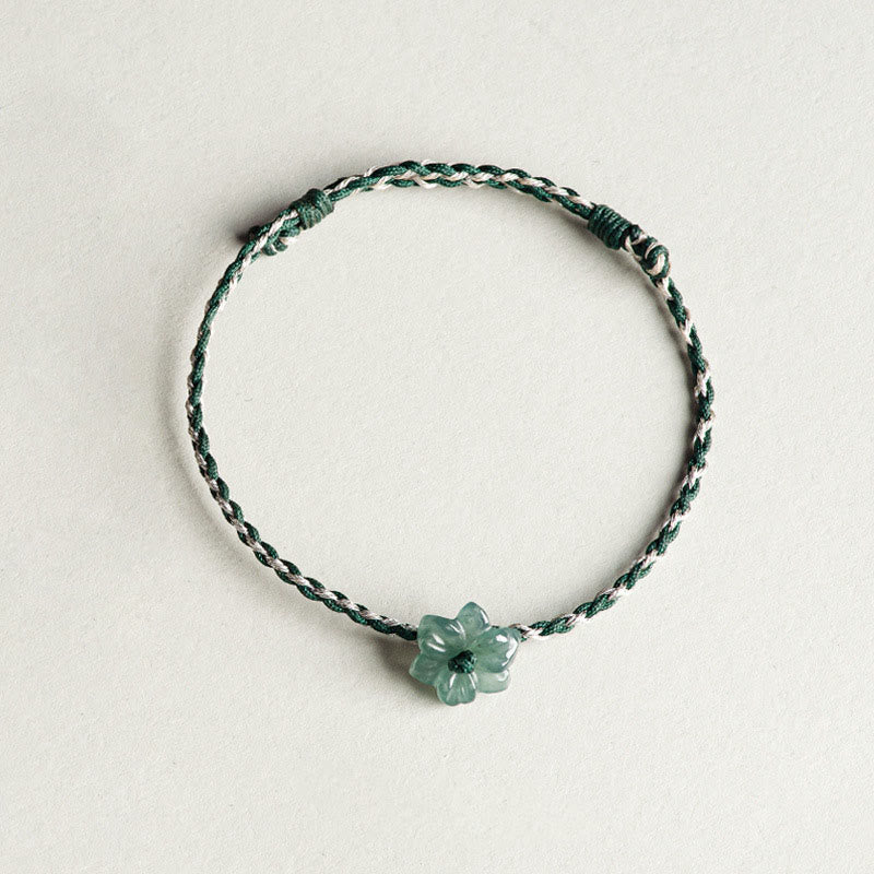 Green Jade Orchid Prosperity Bracelet with Braided String