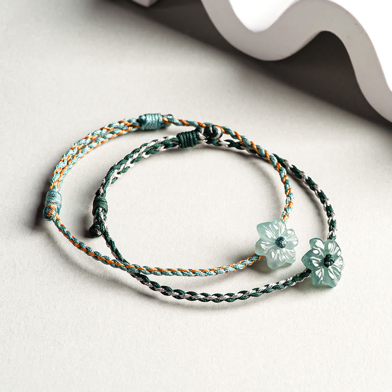 Green Jade Orchid Prosperity Bracelet with Braided String