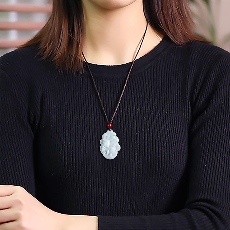 Natural Jade Nine-Tailed Fox Luck Necklace Pendant