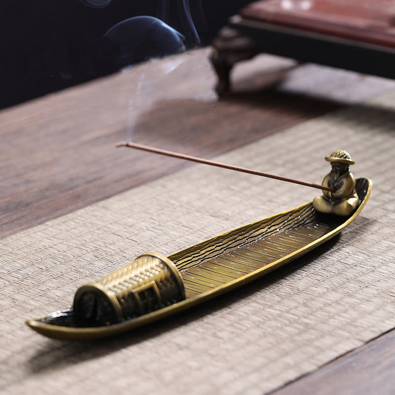 Copper Fisherman Boat Incense Burner for Meditation and Balance