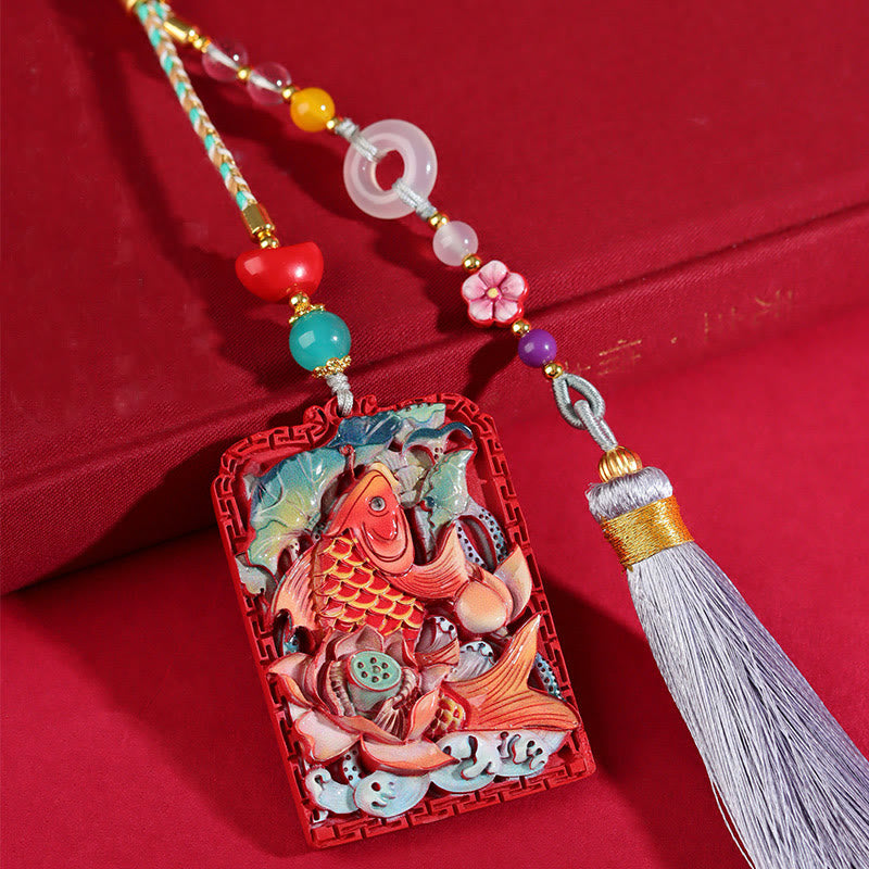 Natural Cinnabar Koi Fish Lotus Zen Car Hanging Decoration