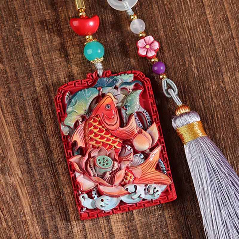 Natural Cinnabar Koi Fish Lotus Zen Car Hanging Decoration