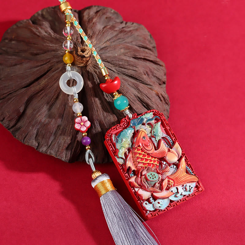 Natural Cinnabar Koi Fish Lotus Zen Car Hanging Decoration