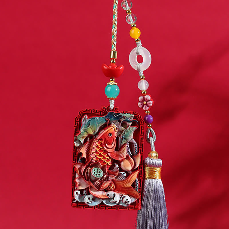Natural Cinnabar Koi Fish Lotus Zen Car Hanging Decoration
