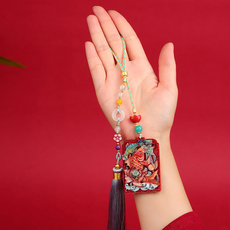 Natural Cinnabar Koi Fish Lotus Zen Car Hanging Decoration