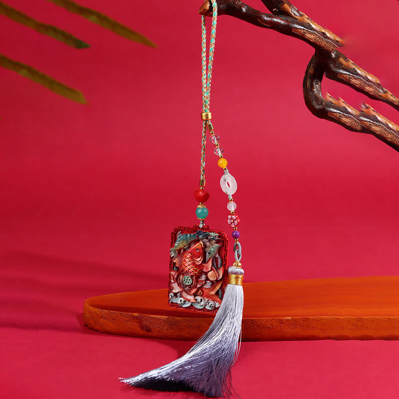 Natural Cinnabar Koi Fish Lotus Zen Car Hanging Decoration