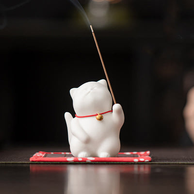 Cat Bell Ceramic Incense Burner with Bamboo Mat for Meditation