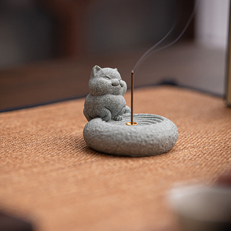 Standing Ceramic Cat Incense Burner 7.6cm for Meditation