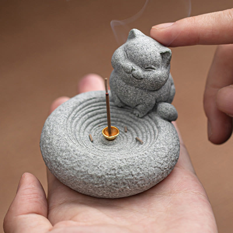 Standing Ceramic Cat Incense Burner 7.6cm for Meditation