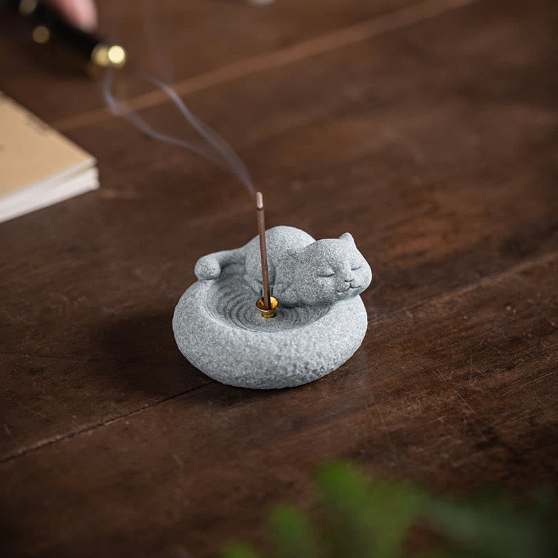 Standing Ceramic Cat Incense Burner 7.6cm for Meditation
