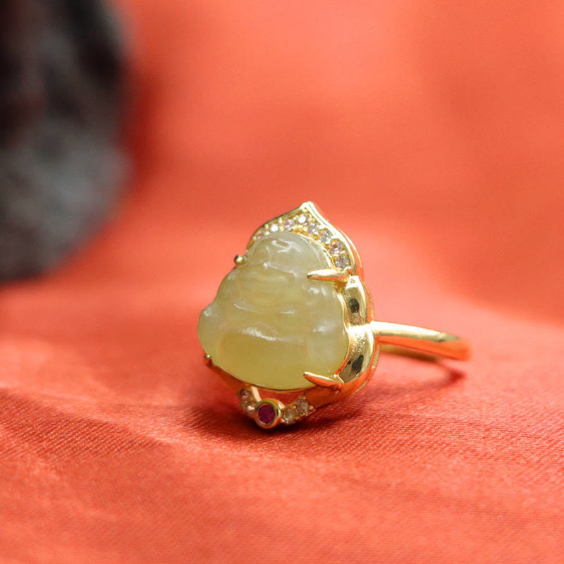 8mm Hetian Jade Laughing Buddha Ring for Luck and Prosperity