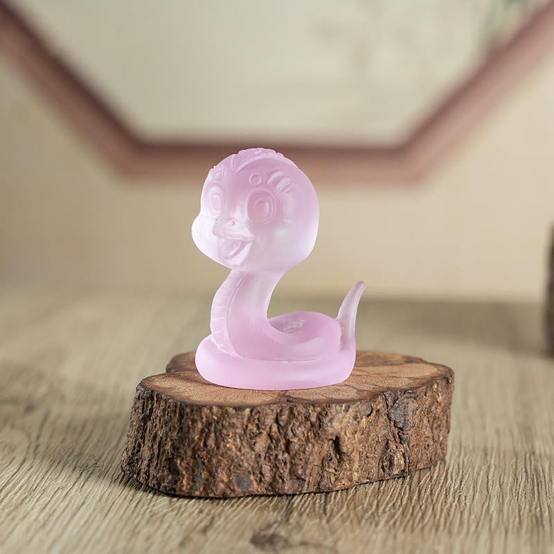 3.2" Pink Liuli Glass Snake Figurine for Spiritual Protection