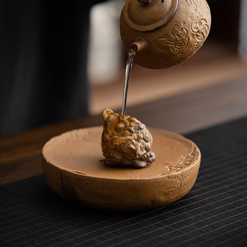 Mini Standing Cat and Feng Shui Frog Ceramic Figurines for Home Decor