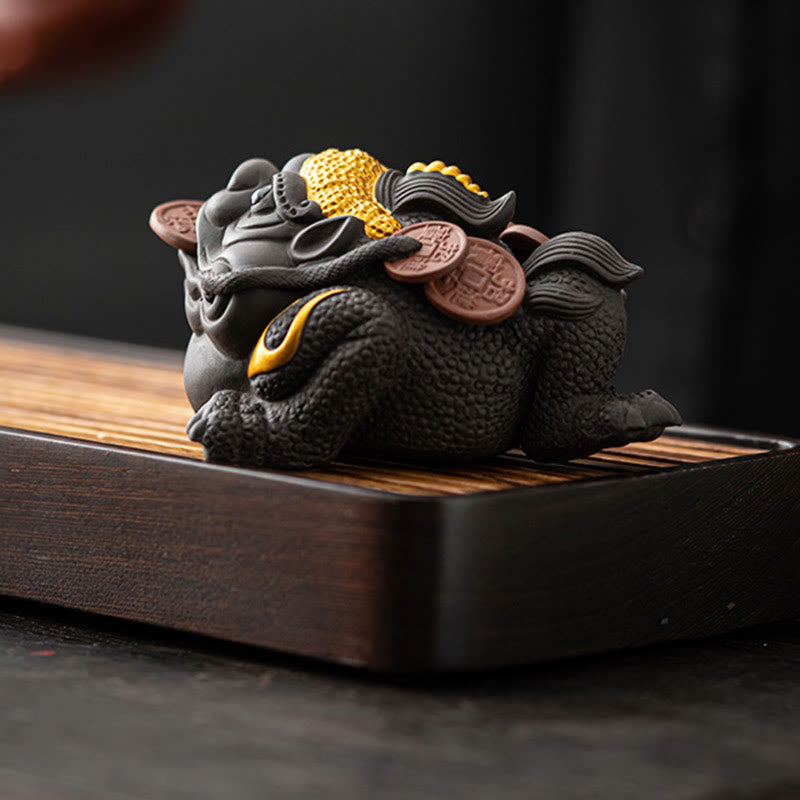 11cm Purple Clay Feng Shui Frog Figurine with Copper Coins